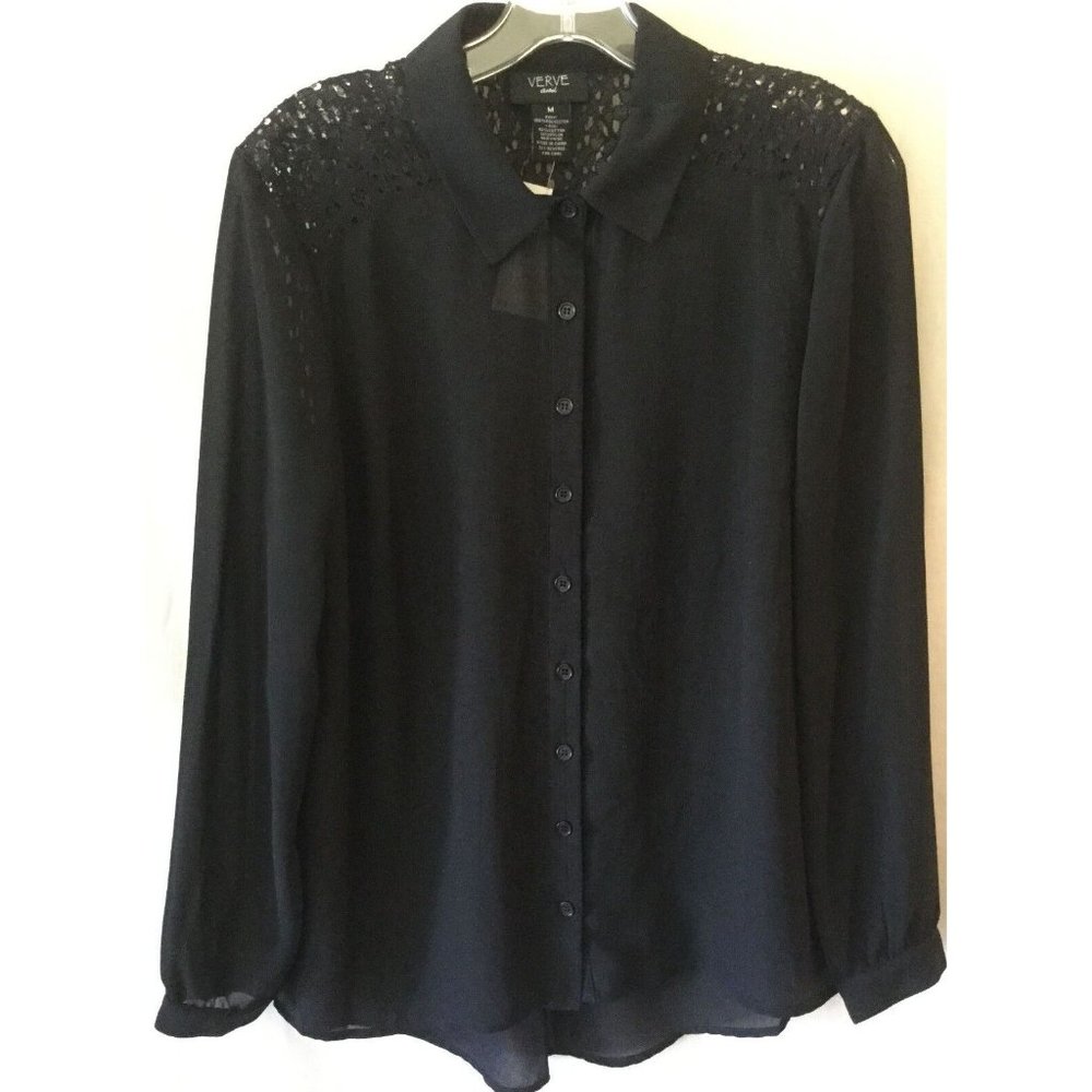 Vintage Verve Ami Blouse Sz Medium Black Semi-Sheer w/Crochet Lace Shoulder NWT